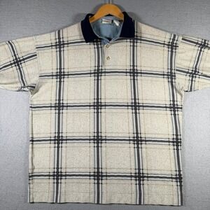Vintage Bugle Boy Company Mens XL Vintage 90s Plaid‎ Polo Shirt Tan Brown Navy